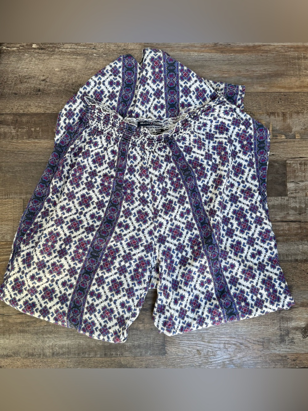Brandy Melville White Pants with Purple and Blue Geo Print